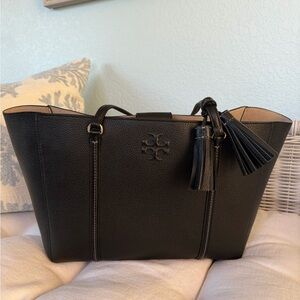 Tory Burch Black Pebble Leather Shoulder Bag w Tassels